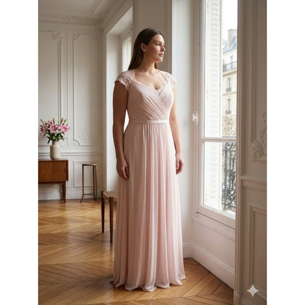 David's Bridal Elegant Blush Pink Lace-Shoulder Maxi Dress Size 16